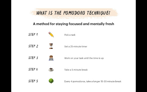 Focus Timer Pomodoro Technique  from Chrome web store to be run with OffiDocs Chromium online