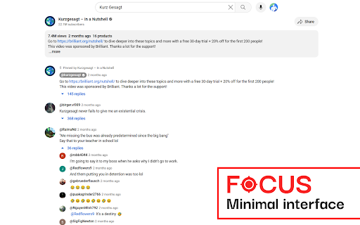 Focus: YouTube Simplified  from Chrome web store to be run with OffiDocs Chromium online
