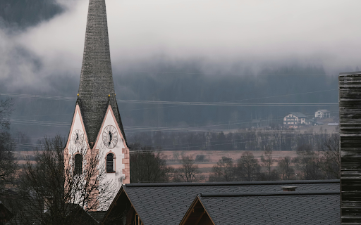 Foggy Village Landscape with Church Steeple  from Chrome web store to be run with OffiDocs Chromium online