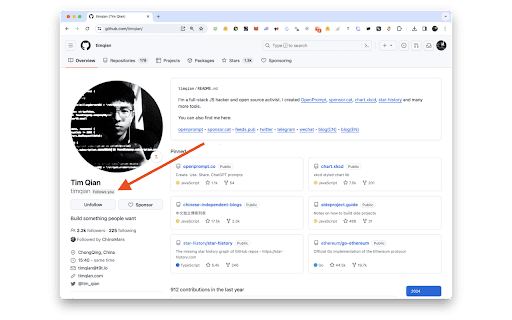 Follows You Tag for GitHub  from Chrome web store to be run with OffiDocs Chromium online
