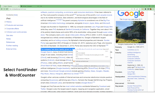 FontFinder  WordCounter  from Chrome web store to be run with OffiDocs Chromium online