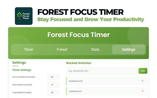 Forest Focus Timer: Stay Focused and Grow Your Productivity  from Chrome web store to be run with OffiDocs Chromium online
