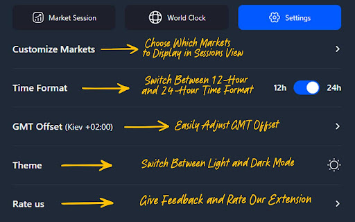 Forex Sessions  Stocks Market Hours  from Chrome web store to be run with OffiDocs Chromium online