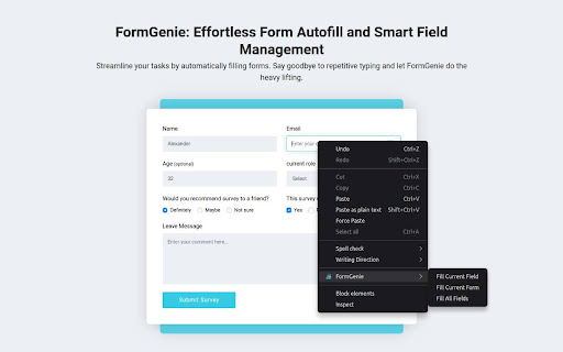 FormGenie: Effortless Form Autofill and Smart Field Management  from Chrome web store to be run with OffiDocs Chromium online