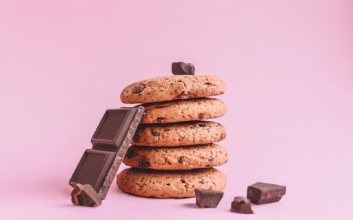 Four Chocolate Chip Cookies Stacked on a Pink Background  from Chrome web store to be run with OffiDocs Chromium online
