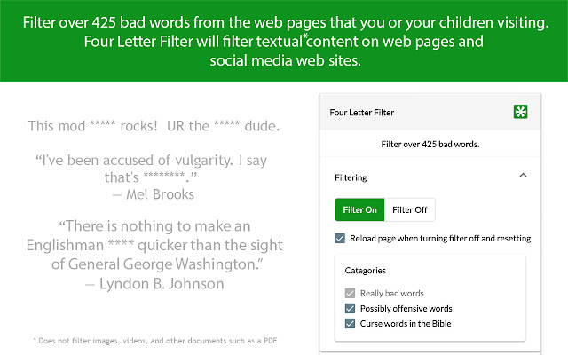 Four Letter Filter  from Chrome web store to be run with OffiDocs Chromium online