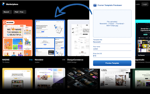 Framer Template Previewer  from Chrome web store to be run with OffiDocs Chromium online