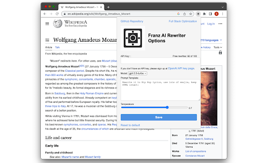 Franz AI Text Rewriter  from Chrome web store to be run with OffiDocs Chromium online