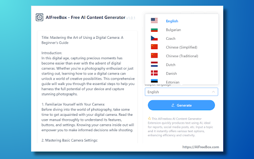 Free AI Content Generator Tool: AIFreeBox  from Chrome web store to be run with OffiDocs Chromium online