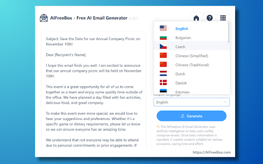 Free AI Email Generator: AIFreeBox  from Chrome web store to be run with OffiDocs Chromium online