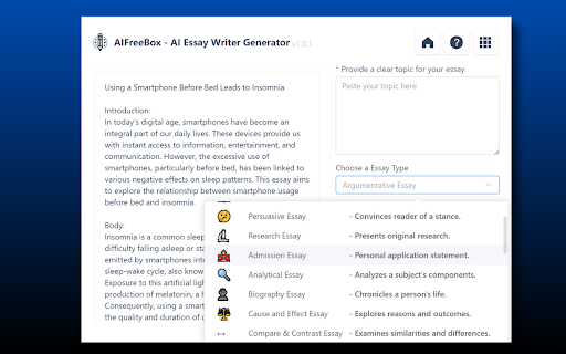 Free AI Essay Generator: AIFreeBox  from Chrome web store to be run with OffiDocs Chromium online