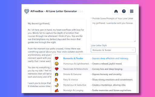 Free AI Love Letter Generator: AIFreeBox  from Chrome web store to be run with OffiDocs Chromium online