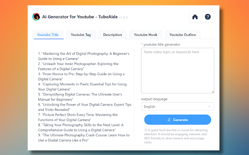 Free AI Tag Generator for Youtube TubeAide  from Chrome web store to be run with OffiDocs Chromium online