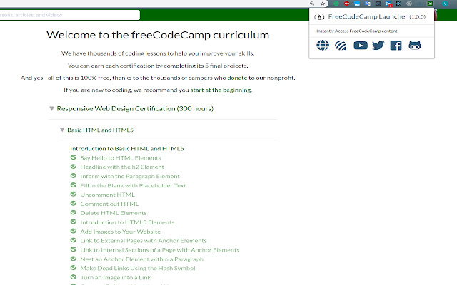 FreeCodeCamp launcher  from Chrome web store to be run with OffiDocs Chromium online