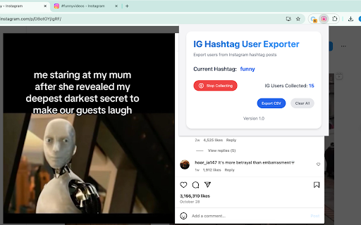 Free IG Hashtag User Exporter  from Chrome web store to be run with OffiDocs Chromium online