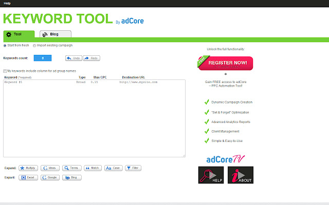 FREE Keyword Tool by adCore  from Chrome web store to be run with OffiDocs Chromium online