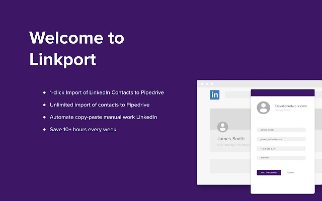Free LinkedIn to Pipedrive importer  from Chrome web store to be run with OffiDocs Chromium online