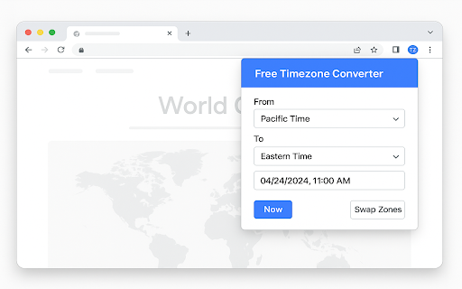 Free Timezone Converter  from Chrome web store to be run with OffiDocs Chromium online