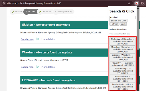 Free UK Practical Driving Test Booking Extension (Search and Click)  from Chrome web store to be run with OffiDocs Chromium online
