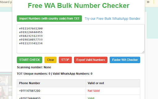 Free WA Bulk Number Checker  from Chrome web store to be run with OffiDocs Chromium online