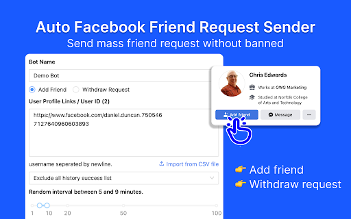 FriendReq Bulk Friend Request  from Chrome web store to be run with OffiDocs Chromium online