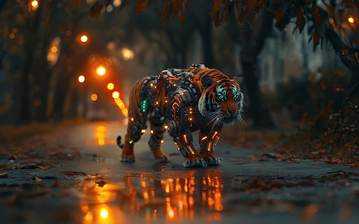 futuristic half robot tiger on the street  from Chrome web store to be run with OffiDocs Chromium online