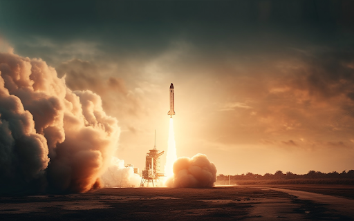 futuristic spaceship rocketing through smoky skies  from Chrome web store to be run with OffiDocs Chromium online