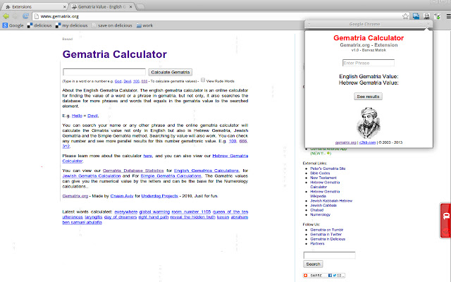 Gematria Calculator Gematrix.org  from Chrome web store to be run with OffiDocs Chromium online