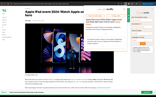 GetAudify  from Chrome web store to be run with OffiDocs Chromium online