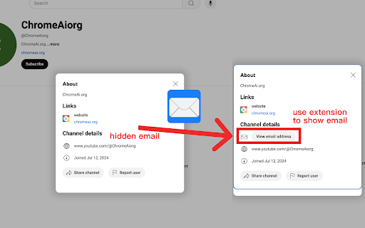 Get YouTube Hidden Email  from Chrome web store to be run with OffiDocs Chromium online