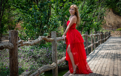 Girl in red dress next to wooden fence  from Chrome web store to be run with OffiDocs Chromium online