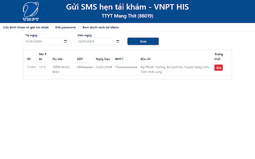 Gửi SMS Hẹn Tái Khám VNPT HIS 86019  from Chrome web store to be run with OffiDocs Chromium online