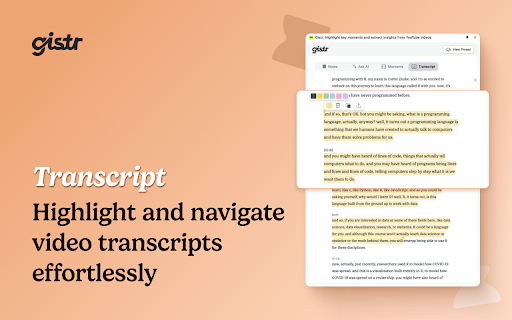 Gistr: Highlight, Take notes  Ask AI on YouTube  from Chrome web store to be run with OffiDocs Chromium online
