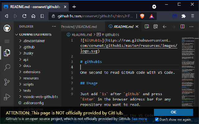 github1s1click  from Chrome web store to be run with OffiDocs Chromium online