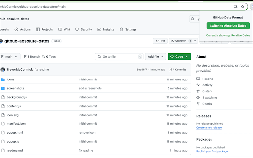 GitHub Absolute Dates  from Chrome web store to be run with OffiDocs Chromium online