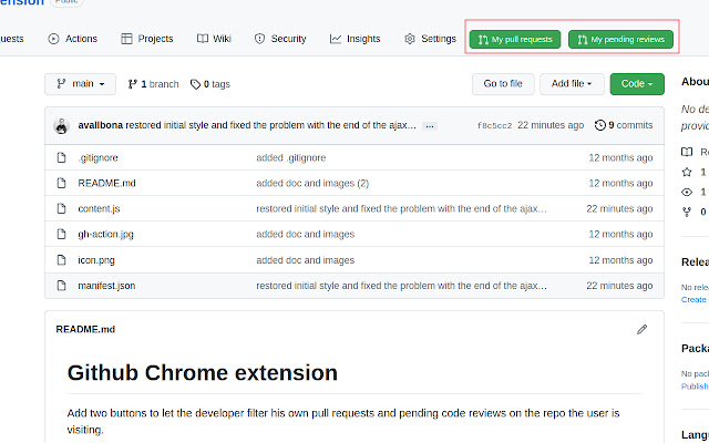 Github buttons for own prs and code reviews  from Chrome web store to be run with OffiDocs Chromium online
