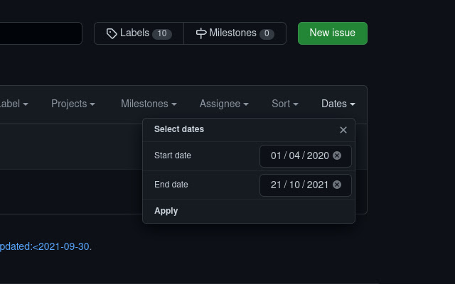 Github Dates Filter  from Chrome web store to be run with OffiDocs Chromium online