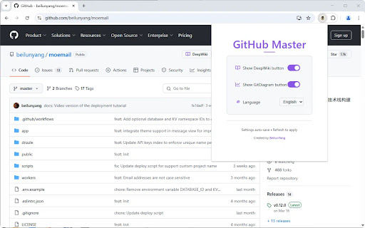 GitHub Master  from Chrome web store to be run with OffiDocs Chromium online