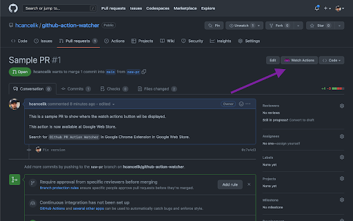 Github PR Action Watcher  from Chrome web store to be run with OffiDocs Chromium online
