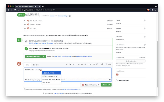 Github Pull Request Commits  from Chrome web store to be run with OffiDocs Chromium online