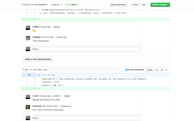 Github Quiet Comment  from Chrome web store to be run with OffiDocs Chromium online