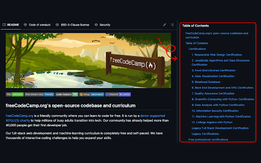 GitHub Readme TOC  from Chrome web store to be run with OffiDocs Chromium online