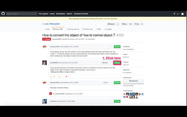GitHub Stocked Comments  from Chrome web store to be run with OffiDocs Chromium online