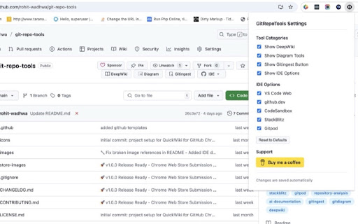 GitRepoTools  from Chrome web store to be run with OffiDocs Chromium online