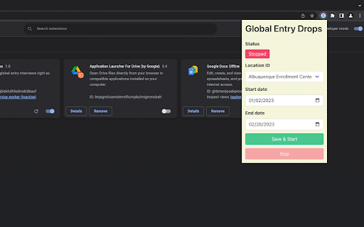 Global Entry Drops  from Chrome web store to be run with OffiDocs Chromium online