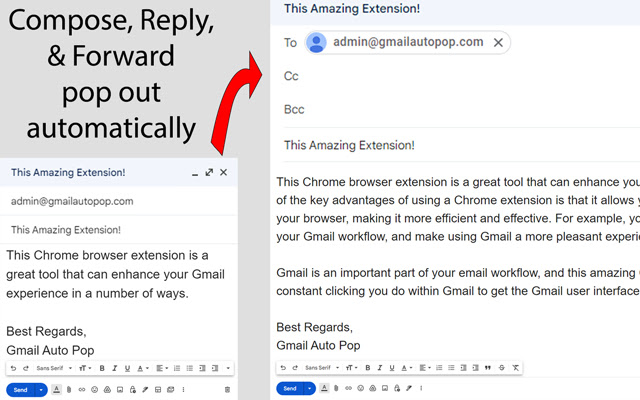 Gmail Auto Pop Out Reply Forward Show CC BCC  from Chrome web store to be run with OffiDocs Chromium online
