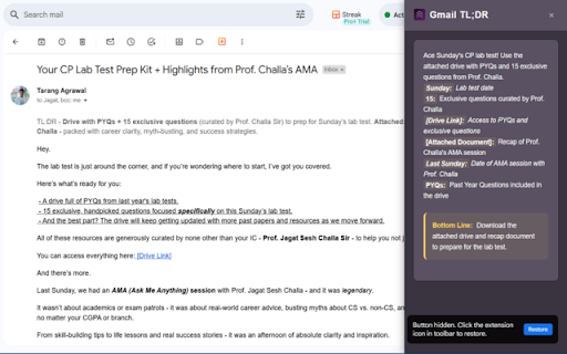 Gmail TL;DR  from Chrome web store to be run with OffiDocs Chromium online