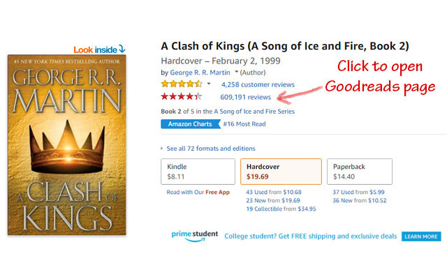 Goodreads ratings for Amazon  from Chrome web store to be run with OffiDocs Chromium online