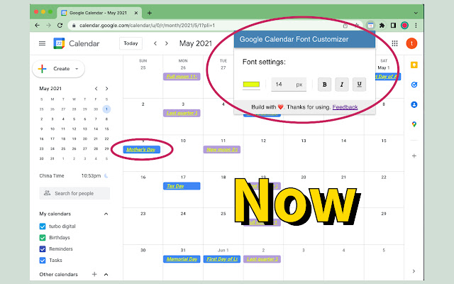 Google Calendar Font Customizer uit de Chrome webwinkel kan worden uitgevoerd met OffiDocs Chromium online