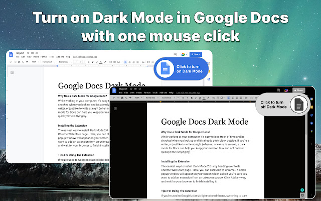 Google Docs Dark Mode 2.0 for Chrome  from Chrome web store to be run with OffiDocs Chromium online